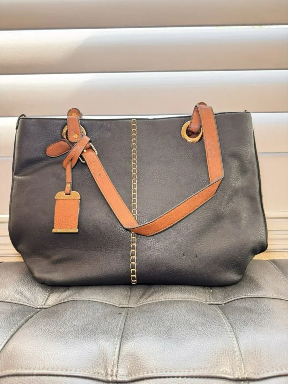 Black Faux Leather Tote Bag Brown Strap Gold Hardware Large Shoulder Bag